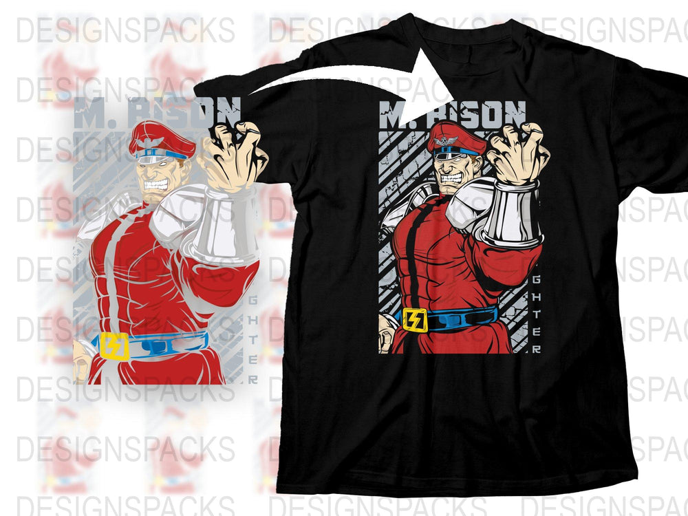 Graphic T-Shirt with Anime Fighter Design, Red and Blue Cartoon Character, Casual Streetwear, Comfortable Cotton Tee