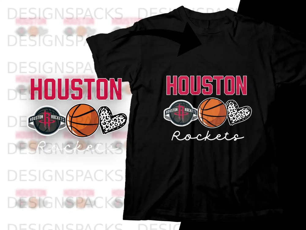Houston Rockets logo with basketballs and hearts on a black t-shirt.