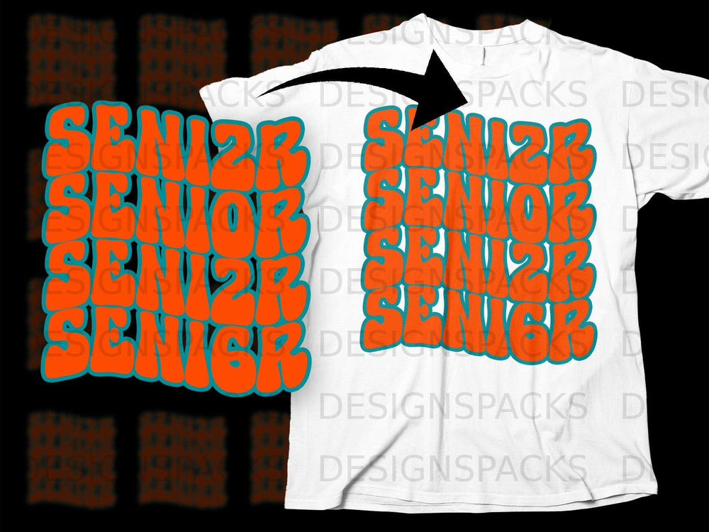 Orange bubble text reading "SENIOR" repeated on a white t-shirt.