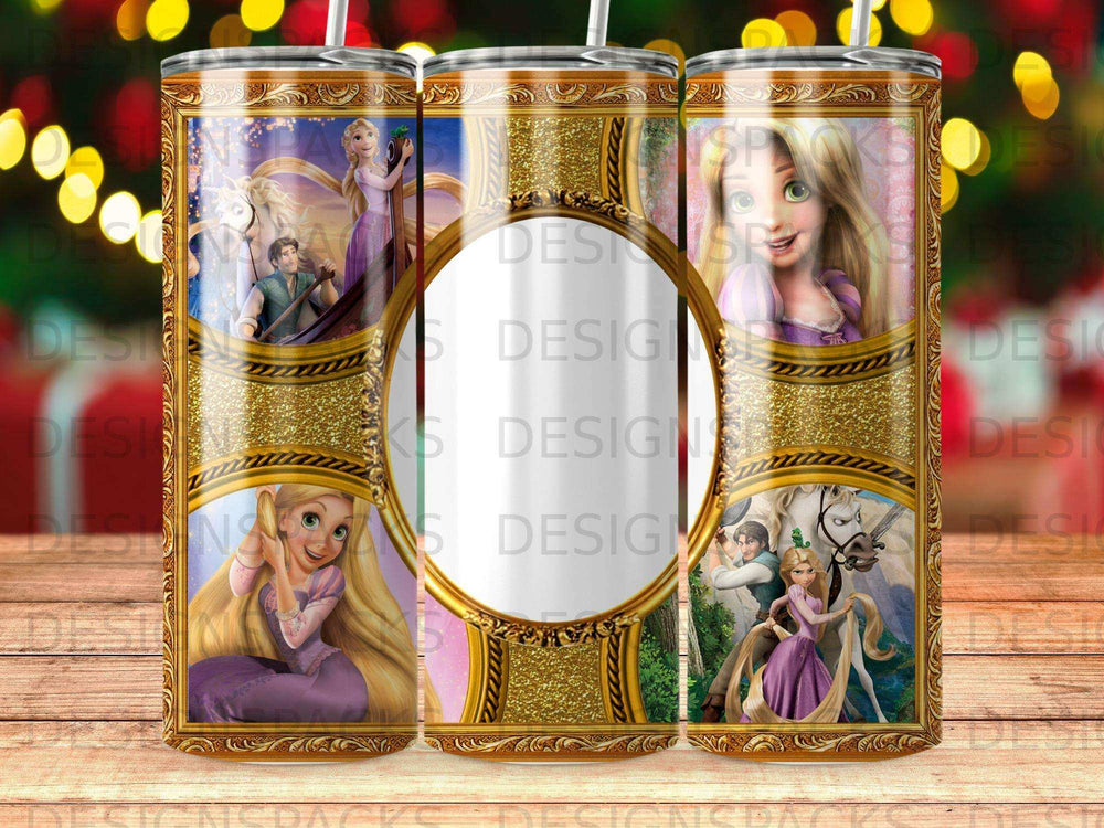 Rapunzel in ornate frames, on a gold and purple patterned tumbler.