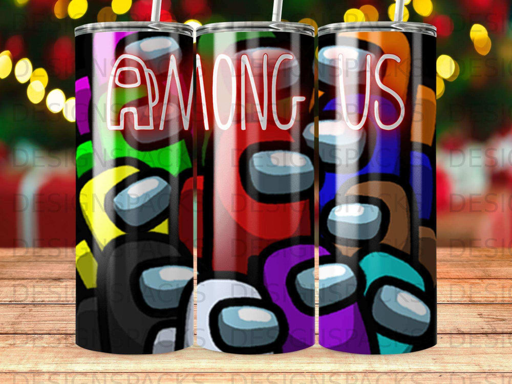 Among Us crewmates with colorful backgrounds on a cylindrical tumbler.