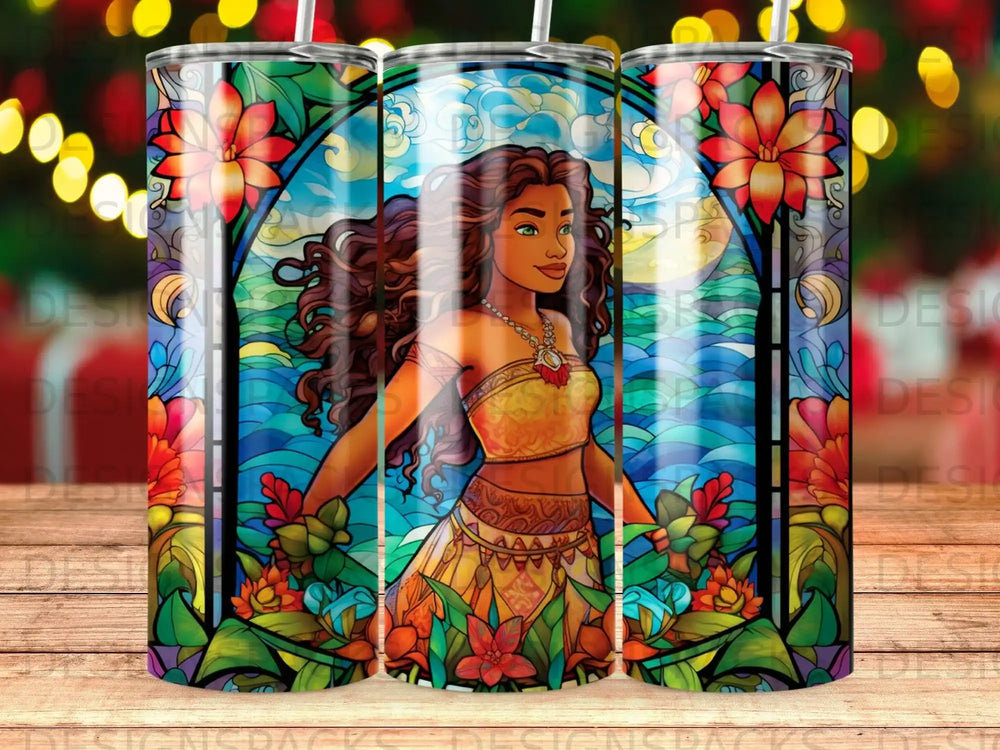 Stained glass tumbler featuring Moana surrounded by flowers and ocean.