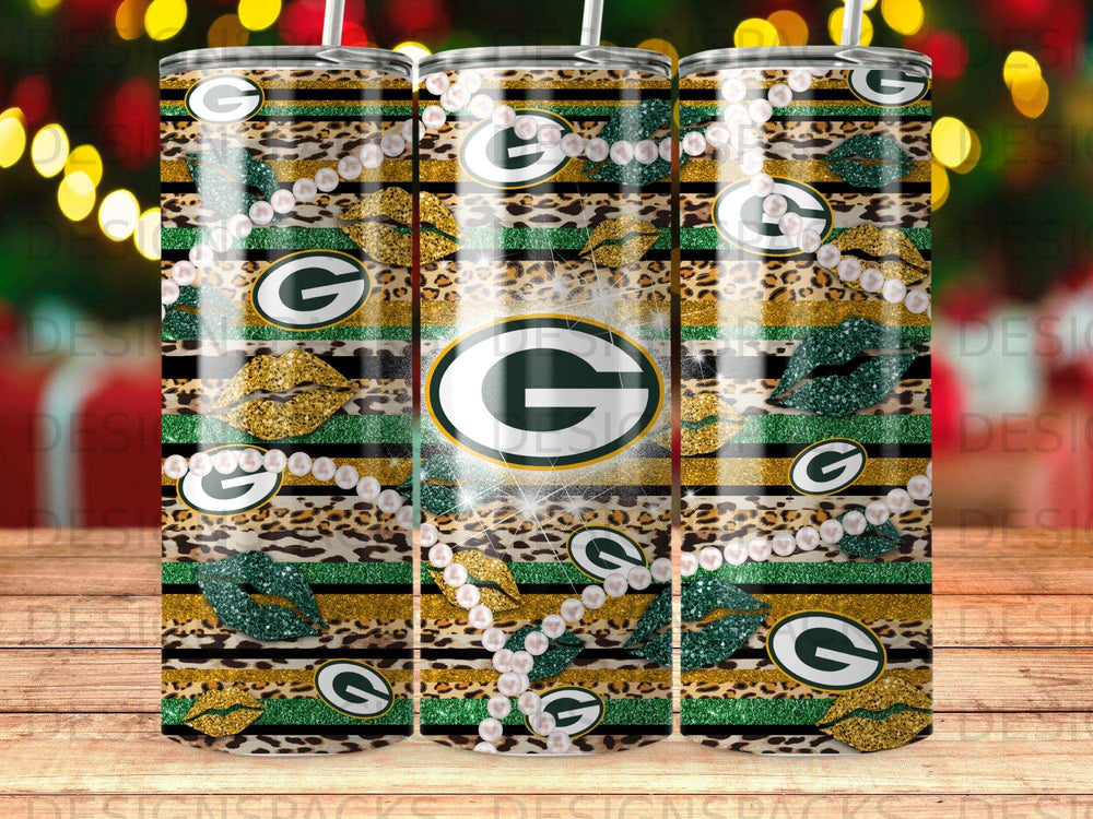 Green Bay Packers logo on a tumbler with leopard print and gold glitter.
