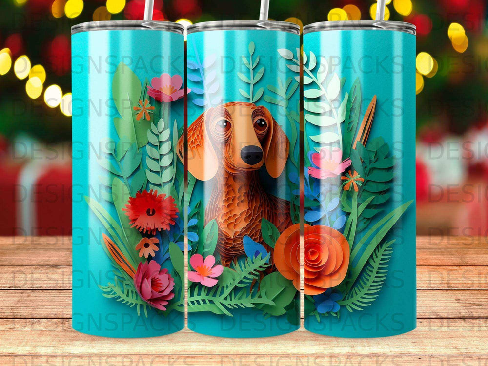 Dachshund surrounded by colorful paper flowers and leaves on teal background.