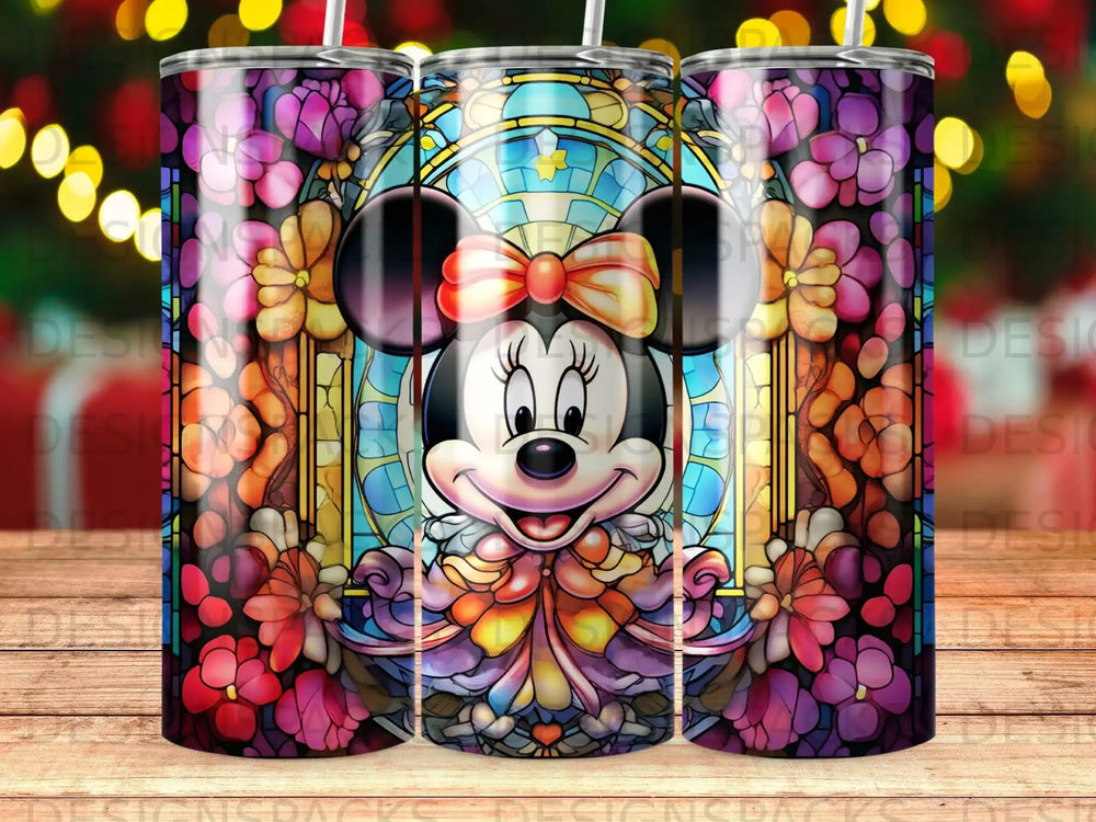 Minnie Mouse with stained-glass floral background and colorful border.