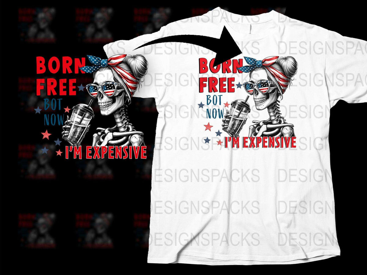Born Free Now I'm Expensive Skull T-Shirt, Patriotic Skull Graphic Tee, American Flag Hair Bow Shirt, Unique Women's Fashion Top