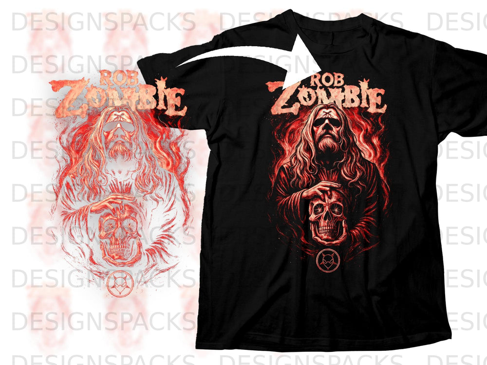 Black t-shirt featuring Rob Zombie artwork with a flaming skull motif.