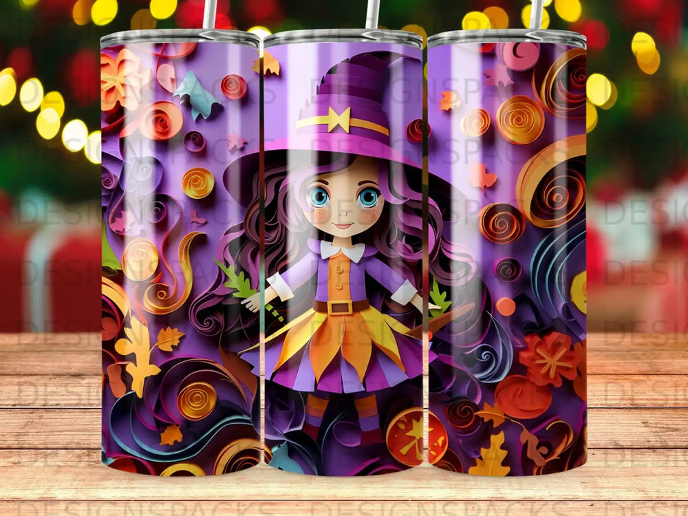 Cartoon witch with purple hat and orange dress on colorful floral background.