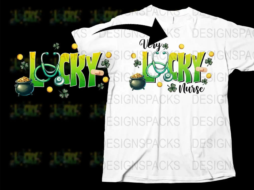 St. Patrick's Day Nurse T-Shirt, Lucky Nurse Green Graphic Tee, Shamrocks and Lights Design, Festive Nursing Apparel