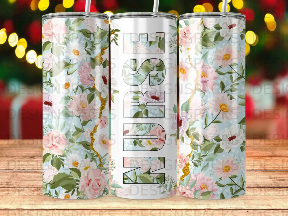 White tumbler with floral pattern and the word "NURSE" in large letters.