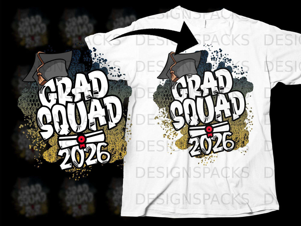Grad Squad 2026 graphic with graduation cap and diploma on a white t-shirt.