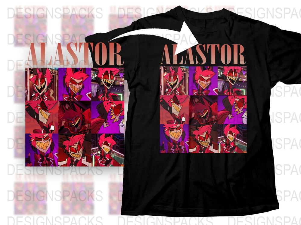Alastor Inspired Graphic T-Shirt, Colorful Cartoon Character Print, Unique Unisex Apparel, Vibrant Red and Purple Design