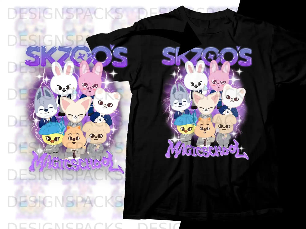 SKZOOS and Magicschool characters on a black t-shirt design.