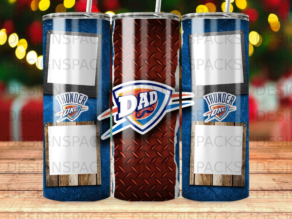Tumbler with "DAD Thunder OKC" logo on diamond plate background.