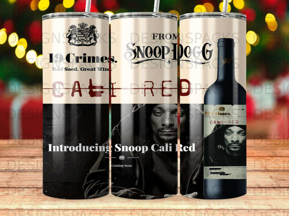 Snoop Dogg Cali Red wine tumbler with a bottle and Snoop Dogg's image.