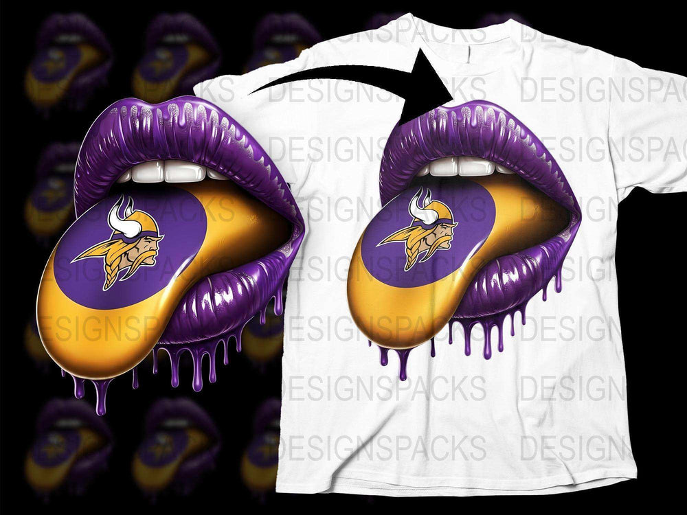 Purple and Gold Viking Mascot Lips Graphic T-Shirt, Bold Sports Fan Apparel, Unique Dripping Design Casual Wear