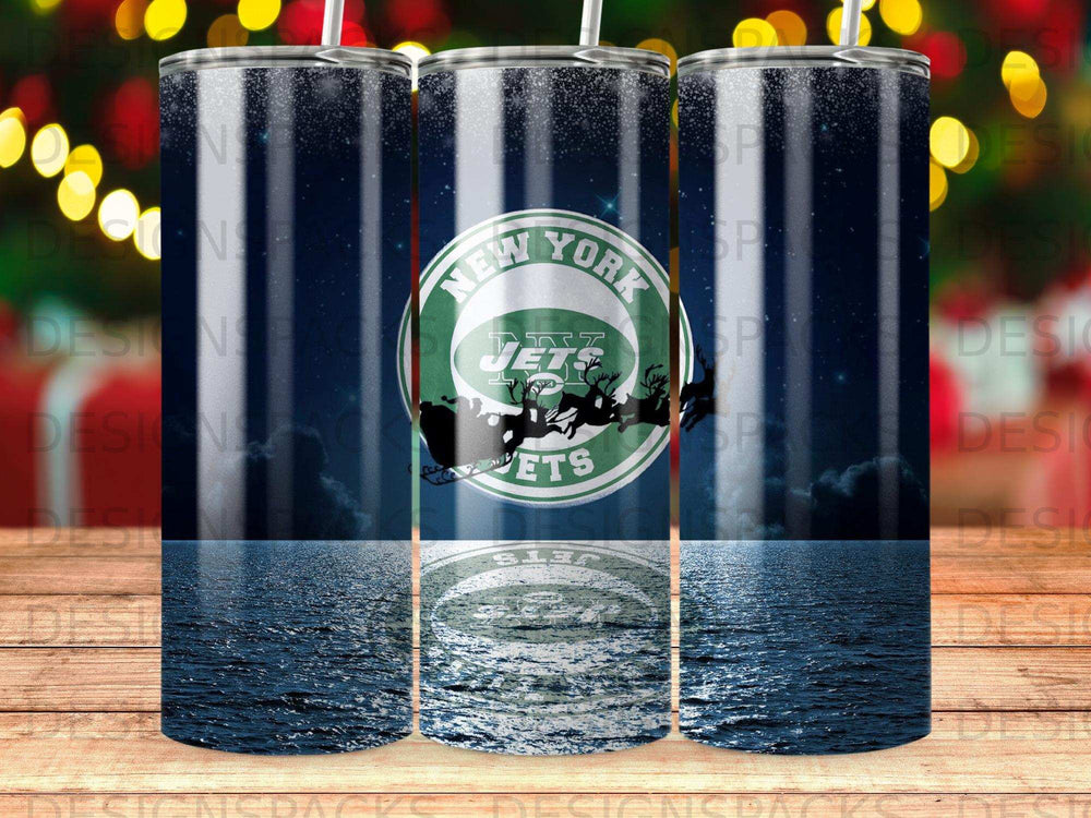 New York Jets logo on a starry night background with water reflection.