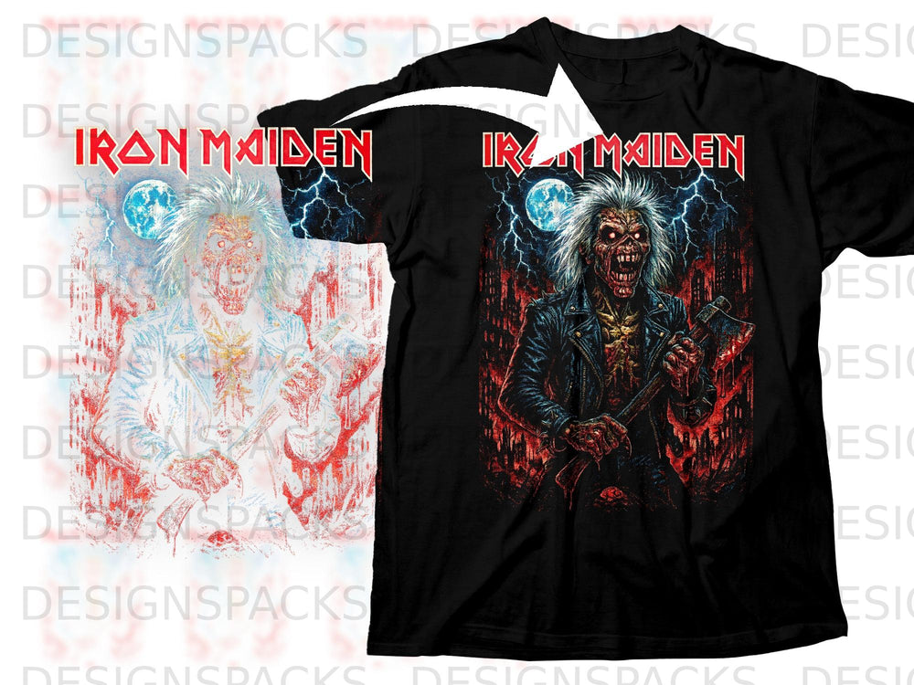 Black t-shirt featuring Iron Maiden's Eddie mascot with axe and moon backdrop.