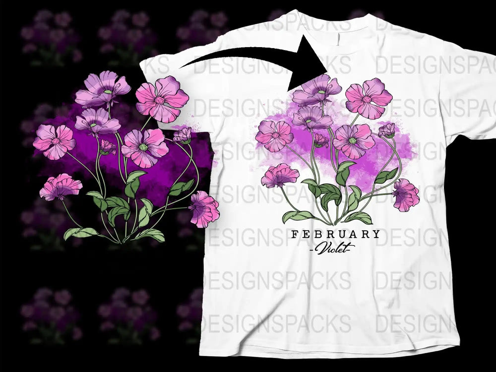 February Violet Floral Graphic T-Shirt, Pink Flowers Print, Botanical Unisex Tee, Spring Fashion Top