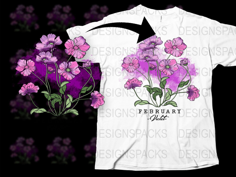 February Violet Floral Graphic T-Shirt, Pink Flowers Print, Botanical Unisex Tee, Spring Fashion Top