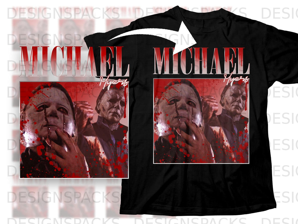 Black t-shirt with Michael Myers graphic and bloody details.
