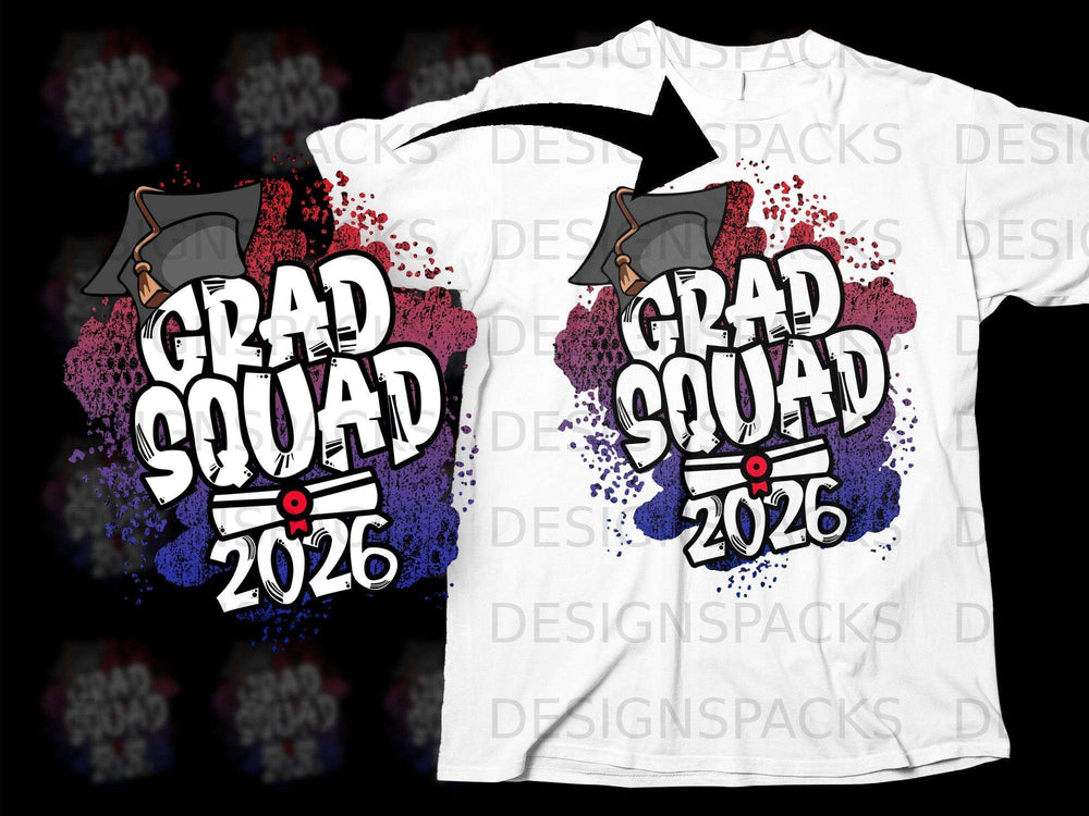 "Grad Squad 2026" text with graduation cap and diploma on a ripped paint background.