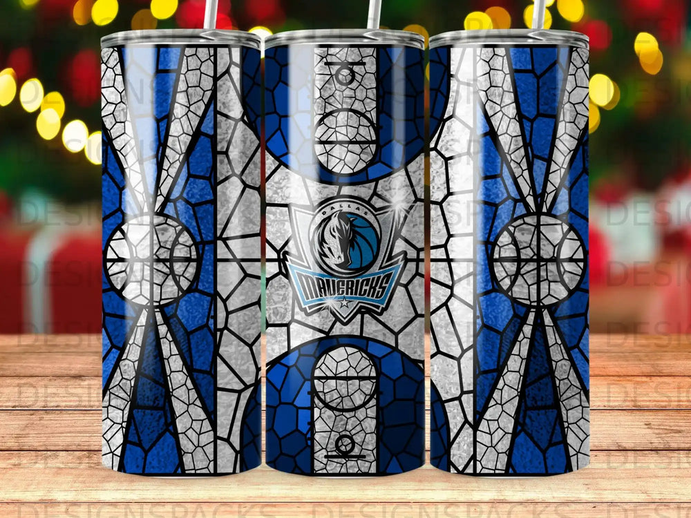 Dallas Mavericks logo on a blue and white stained glass tumbler.