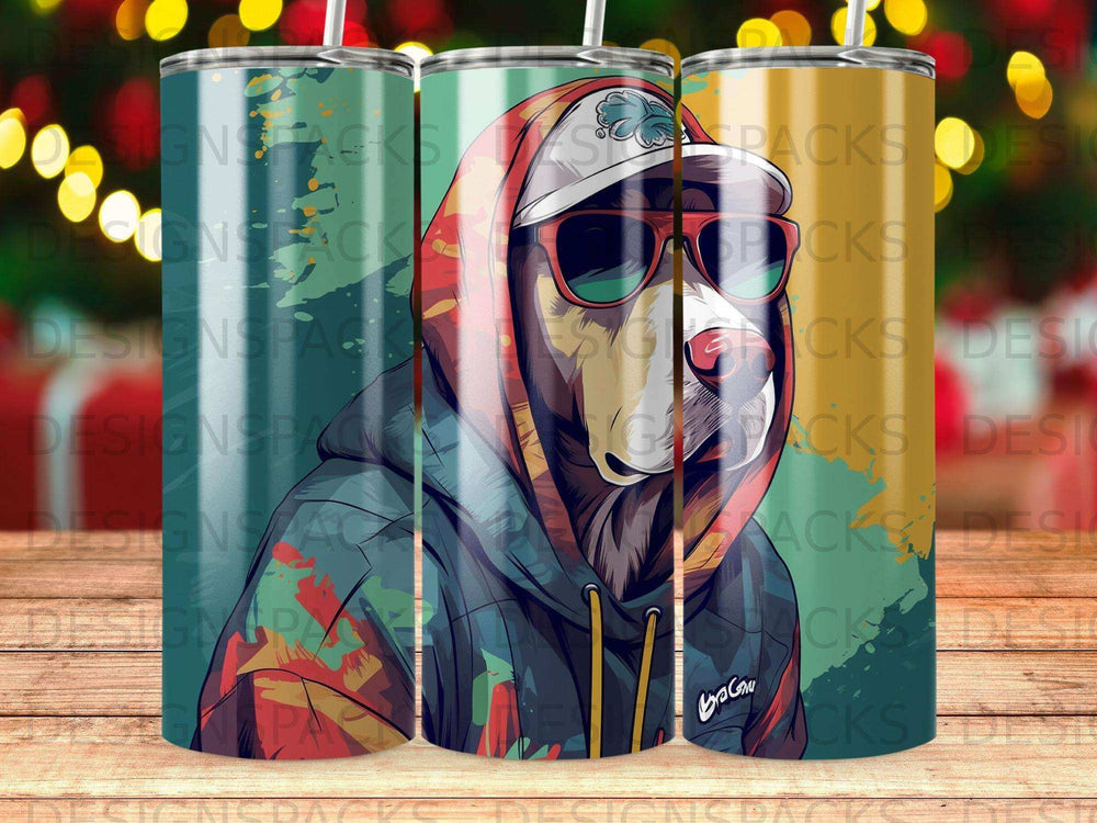 Dog wearing sunglasses and hoodie on a tumbler.