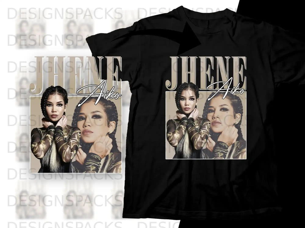 Jhené Aiko portrait on black t-shirt design.