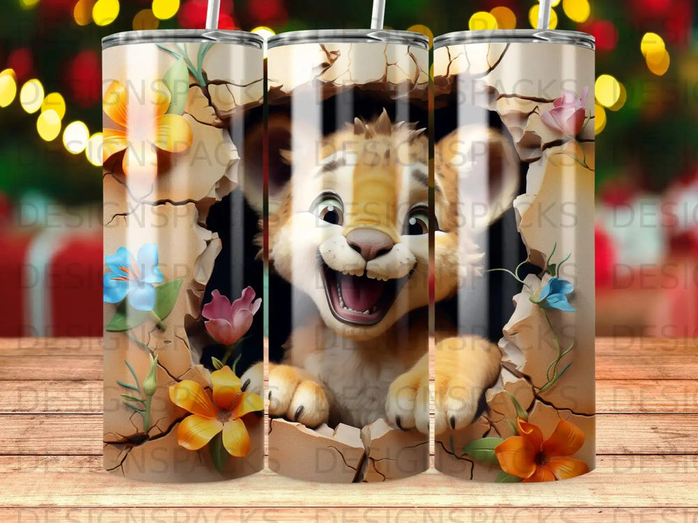 Lion cub bursting through a cracked wall with flowers.