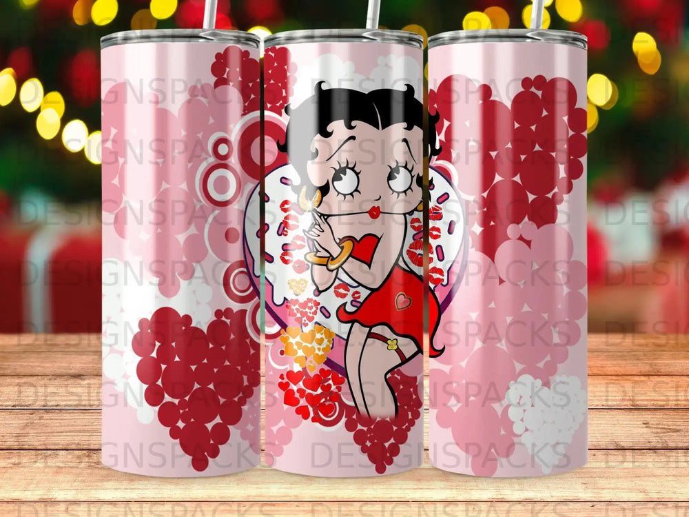 Betsey Boop character with hearts pattern on a tumbler.