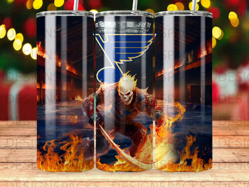 St. Louis Blues themed tumbler featuring a flaming demon warrior with a scythe.