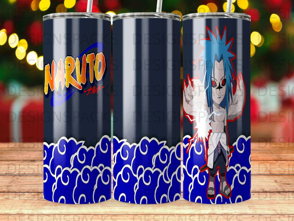 Naruto and Sasuke characters on blue cloud pattern tumblers.