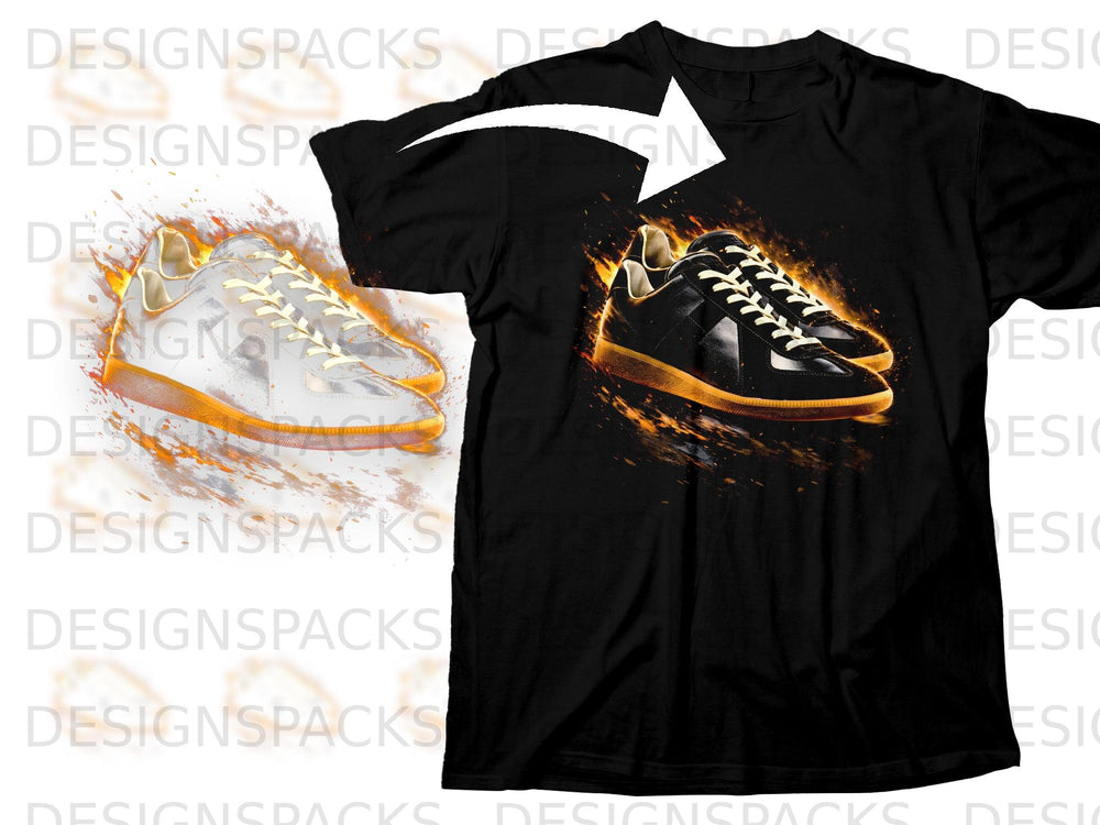 Black t-shirt with a graphic of black and gold sneakers engulfed in flames.