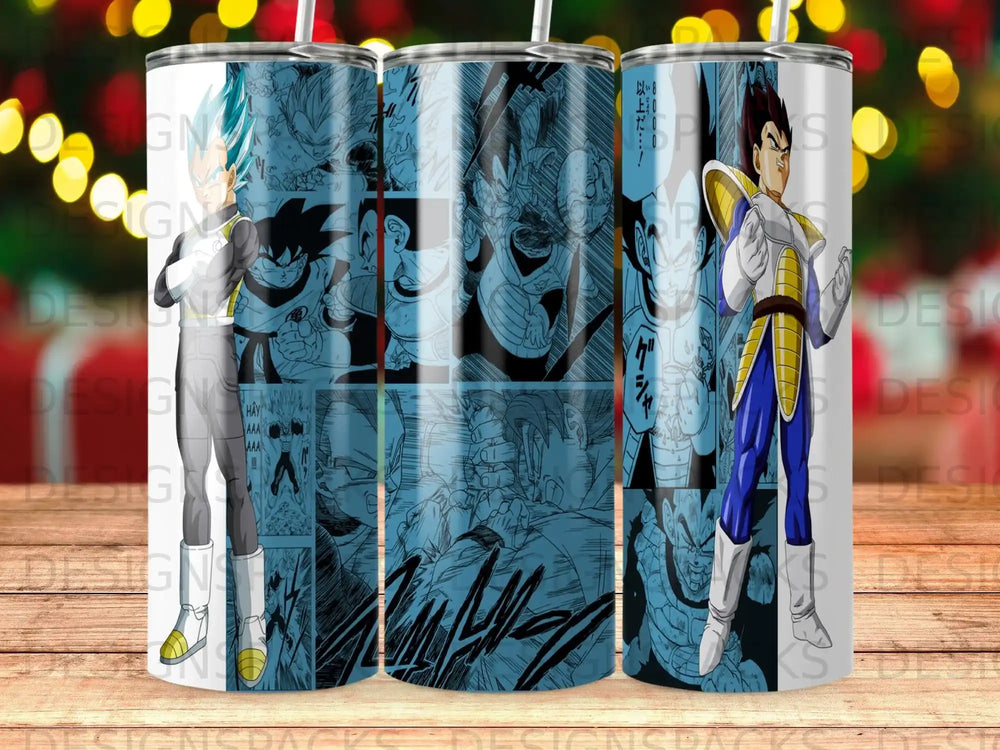 Dragon Ball Z tumblers with Goku and Vegeta manga panel design.