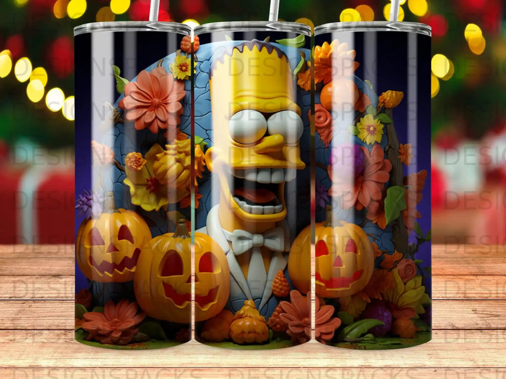 Homer Simpson with pumpkins and fall flowers, Halloween theme.