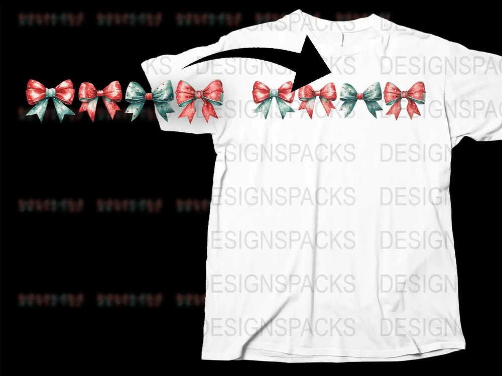 Festive Bow Print T-Shirt, Christmas Gift Bows Graphic Tee, Holiday Casual Apparel, Stylish Unisex White T-Shirt