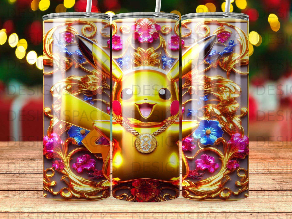 Pikachu with flowers and gold chain on a cylindrical tumbler.