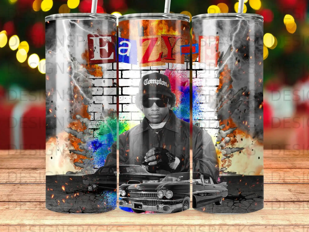 Eazy-E portrait with classic cars and flames, "Compton" text.