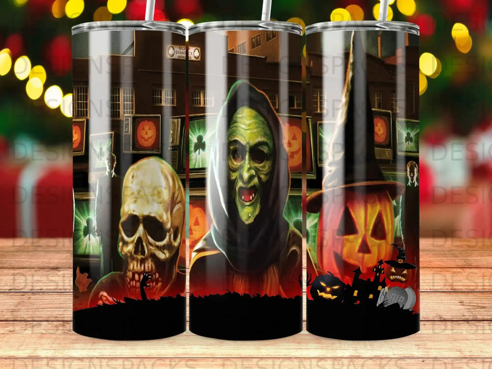 Halloween tumbler with skull, grim reaper, and jack-o'-lantern designs.
