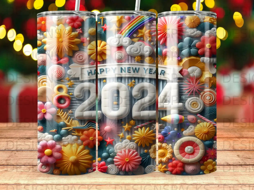New Year 2024 tumbler with colorful floral and rainbow decorations.