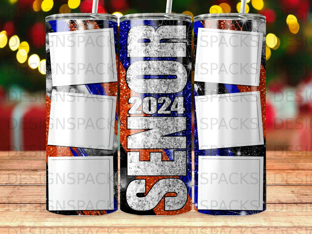 Senior 2024 tumbler with red, white, and blue glitter and stars.