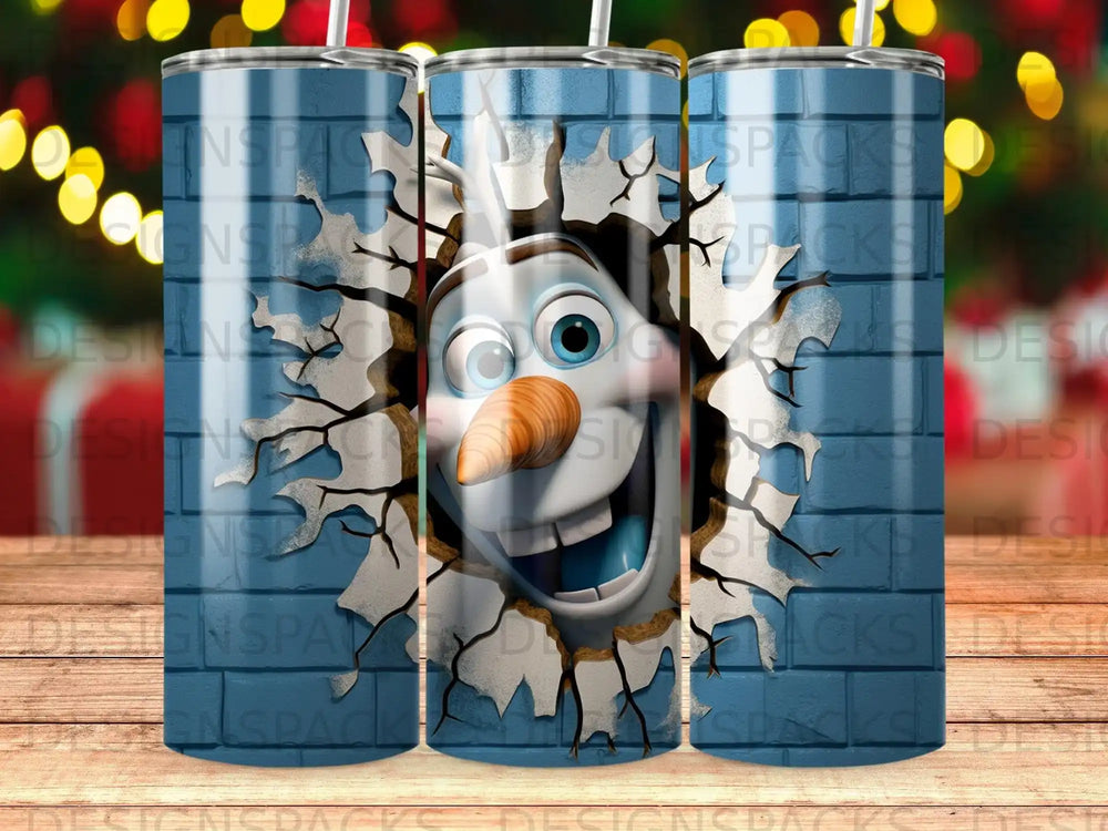 Olaf the snowman bursting through a cracked blue brick wall.
