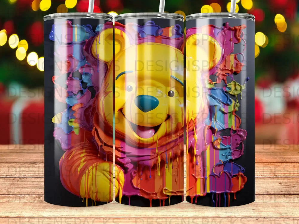 Winnie the Pooh character dripping in colorful paint on a black background.
