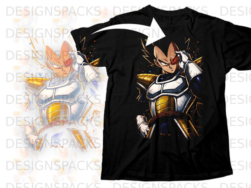 Vegeta in armor with red visor and spiky hair on a black t-shirt.