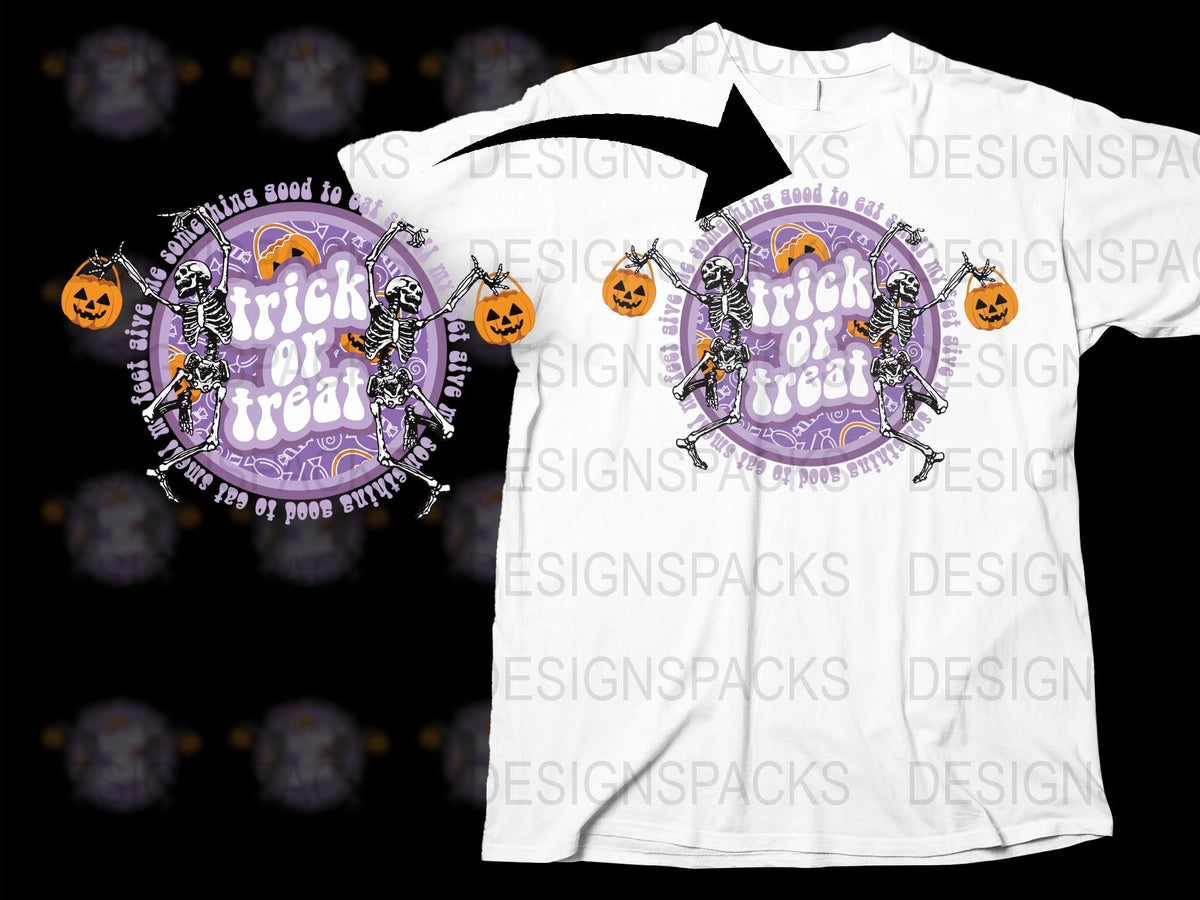 Halloween Trick or Treat T-Shirt, Spooky Pumpkin and Ghost Graphics, Purple and White Tee for All Ages