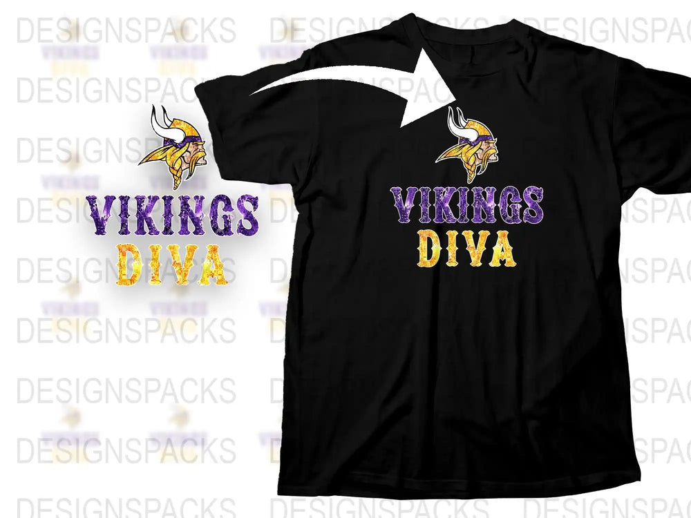 Vikings Diva T-Shirt, Black Tee with Purple and Gold Logo, Football Fan Apparel, Women's Sports Fashion Top