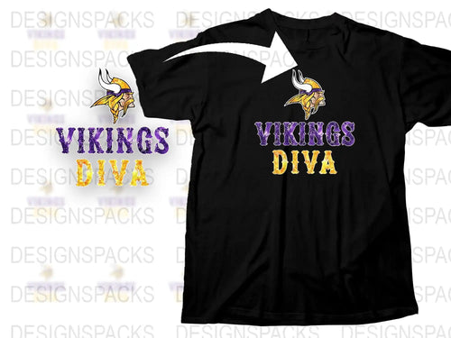 Vikings Diva T-Shirt, Black Tee with Purple and Gold Logo, Football Fan Apparel, Women's Sports Fashion Top