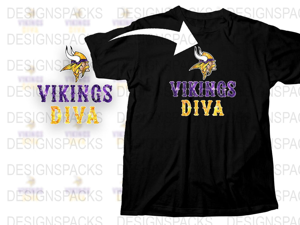Vikings Diva T-Shirt, Black Tee with Purple and Gold Logo, Football Fan Apparel, Women's Sports Fashion Top