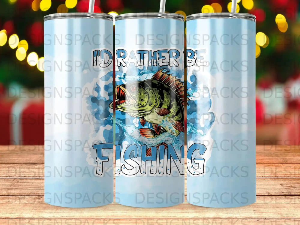 "I'd Rather Be Fishing" text and jumping fish graphic on a blue tumbler.
